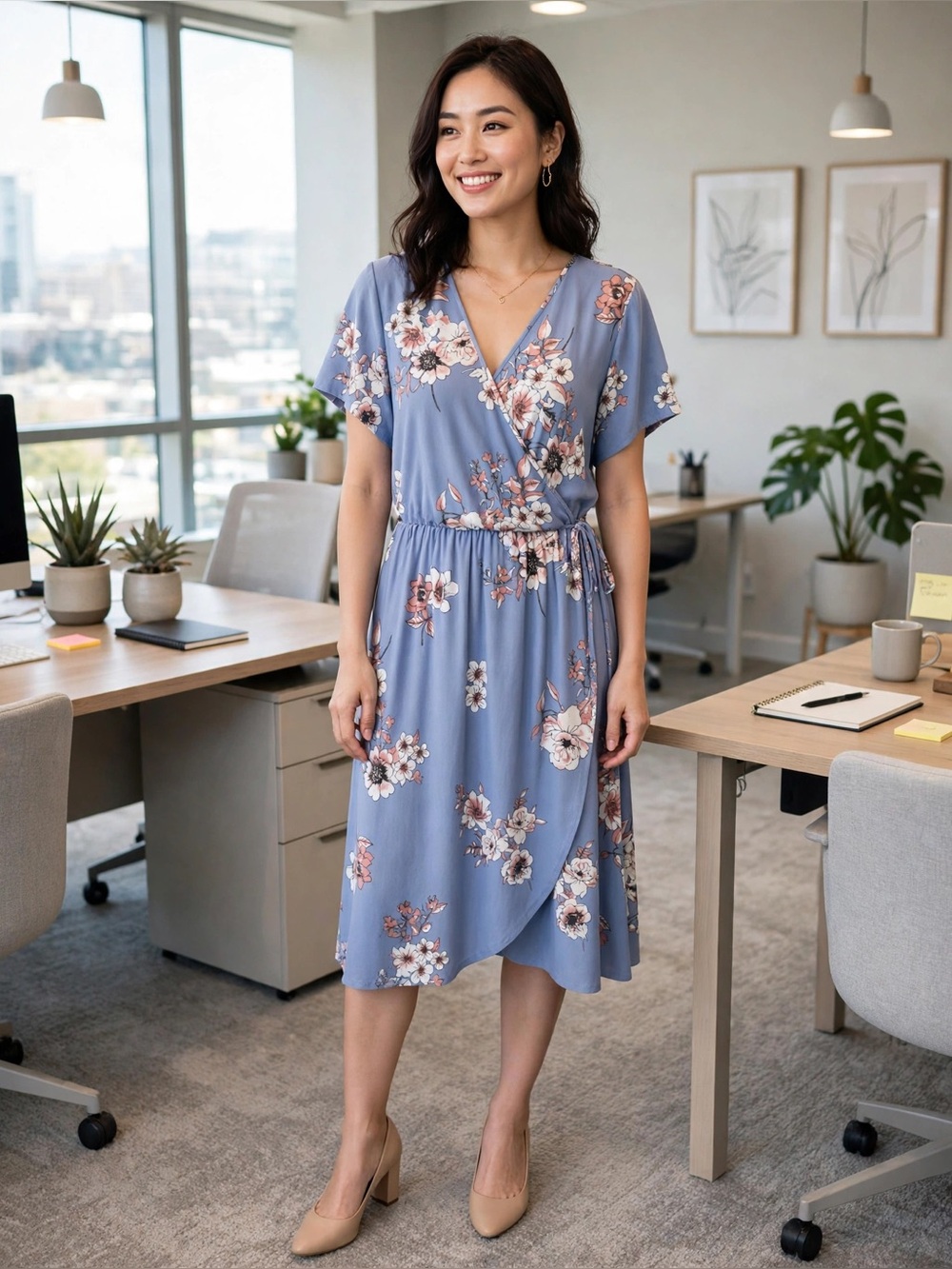 Derek Heart Dusty Blue Floral Wrap Midi Dress
